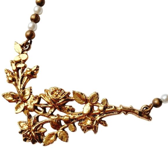 VTG 1950s Signed ART Floral Gold Tone Necklace Faux Pearl Mid Century Jewelry - Picture 1 of 10